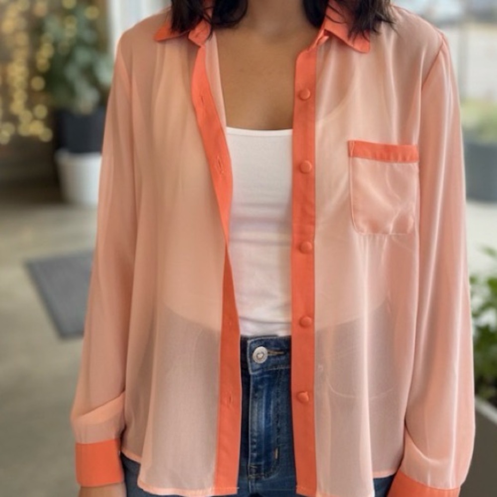 Roman Fashion Chic Sheer Button-Up Blouse with Orange Accents